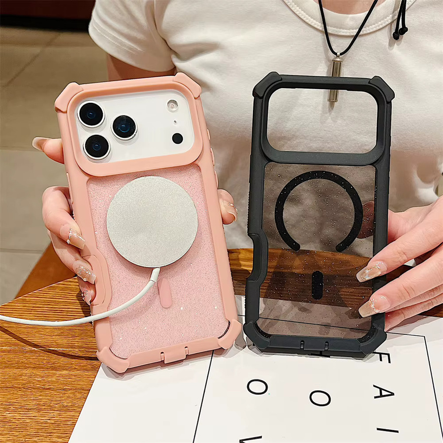 Stoßfeste Glitzer-Schutzhülle mit Magnetverschluss und MagSafe Kompatibilität für Apple iPhone 17 16 15 14 13 12 11 Pro Max Plus in Transparent und Schwarz - Bild 2
