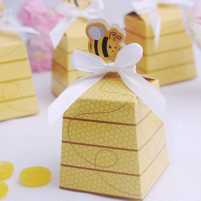 25 Stück Bienenstock Geschenkboxen aus Papier in Gelb für Hochzeiten und Partys inklusive Bändern - Bild 1
