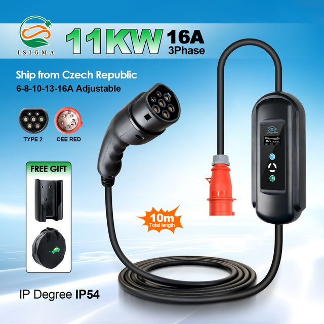 ISIGMA Tragbares EV-Ladegerät Typ 2 16A 11KW für Elektrofahrzeuge und Hybridautos, Schwarz, 10m Kabel - Bild 1