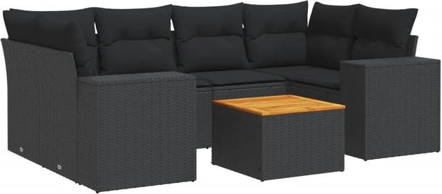 vidaXL 7-tlg Garten-Sofagarnitur in L-Form aus schwarzem Poly-Rattan mit Kissen und pulverbeschichtetem Stahlgestell - Bild 1