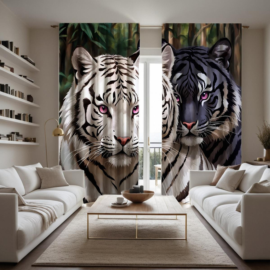 2er-Set dekorative Vorhänge mit sibirischem Tiger-Print in Weiß, halbtransparent, B: 132 cm, H: 160 cm - Bild 2