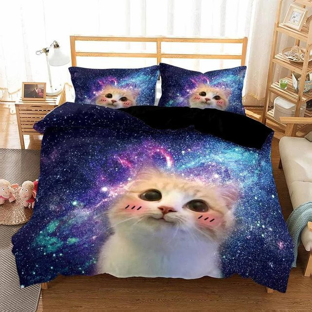 Galaxy Bettwäscheset für Kinder mit Katze und Sternenhimmel, 3-teiliges Set aus Microfaser in Blau, B/H: 150 x 200 cm - Bild 1