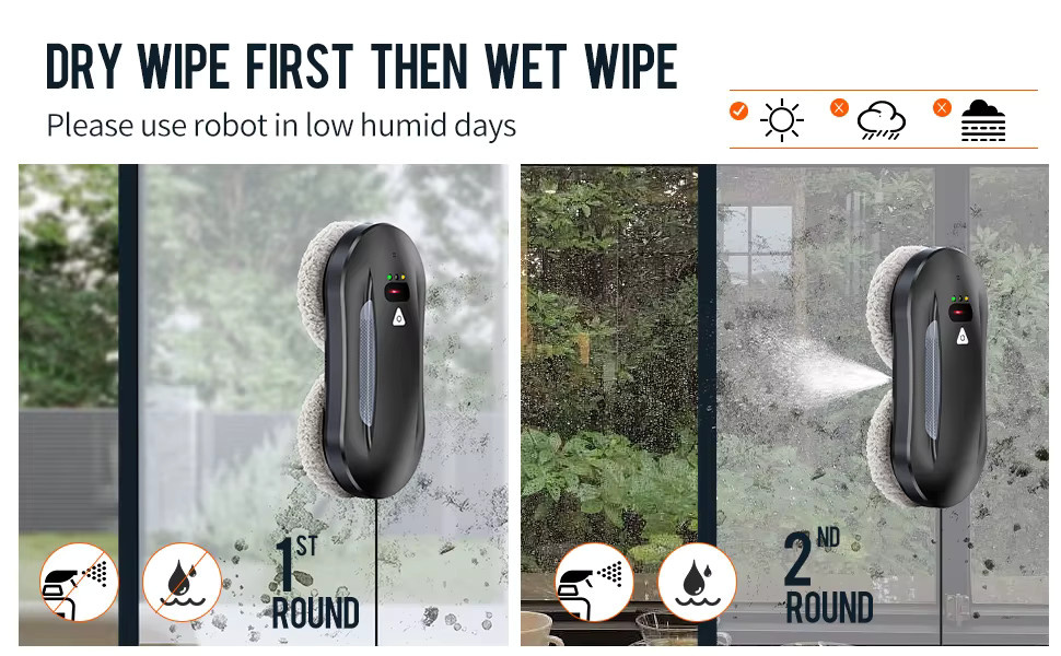 WUIETI Fensterputzroboter Schwarz mit 5600Pa BLDC Bürstenlosem Motor, Automatischer Doppel-Ultraschall-Wassersprüher und Fernbedienung zur Reinigung von Fenstern, Fliesen und Glastüren - Bild 7