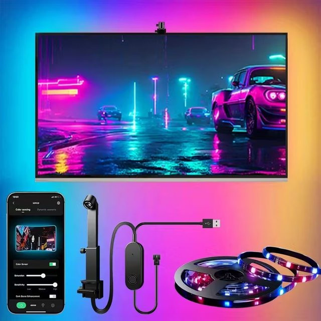 LeiiGeeGo RGBIC LED Ambilight für Fernseher mit AR-Farbraumsensor, USB TV-adaptives Hintergrundbeleuchtungs-RGB-TV-Sync-Lichtband mit App-Steuerung, Multicolour - Bild 1