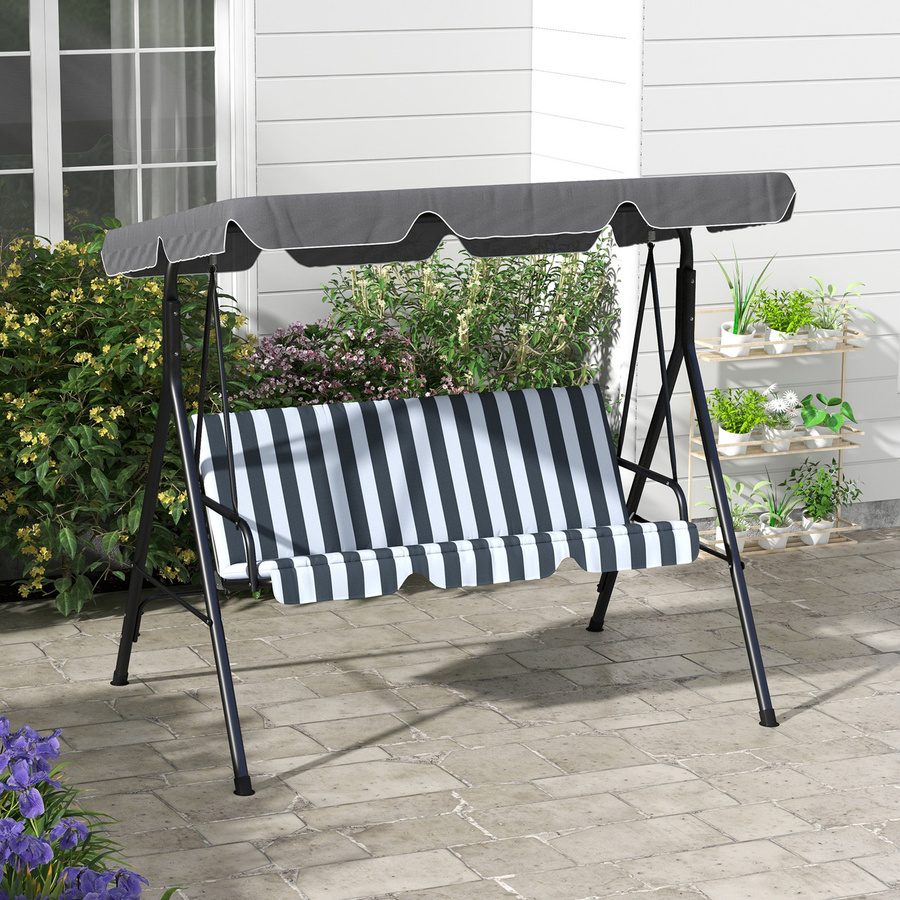 Aosom Hollywoodschaukel 3-Sitzer mit Sitzpolstern und verstellbarem Sonnendach in Grau-Weiß, B/T/H: 172 x 110 x 153 cm - Bild 2