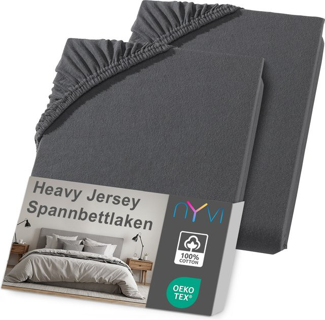 NYVI DreamScience Heavy Jersey Spannbettlaken 2er Pack, Anthrazit, B/T: 120 x 200 cm bis 130 x 200 cm, Bügelfrei und Formstabil - Bild 1