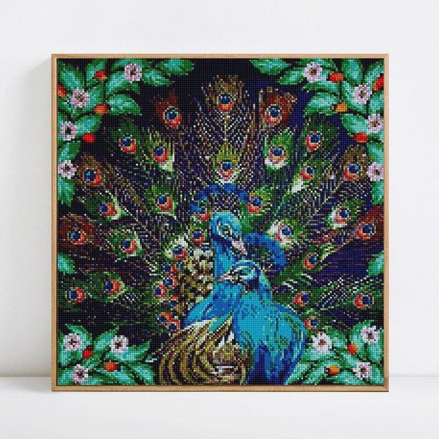 FIYO 5D Diamant-Stickerei Pfau mit runden Steinen in Schwarz und Multicolour, Breite: 30 cm - Bild 1