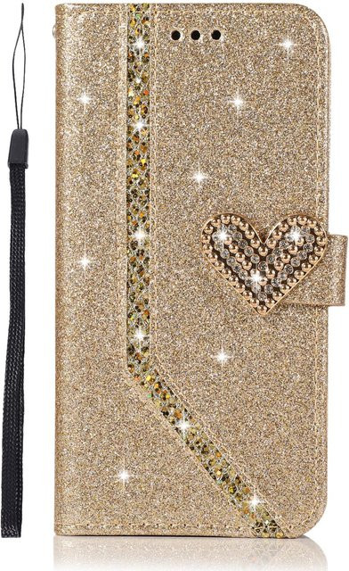 HQBBRO Glitzer Klapp-Handyhülle aus Leder mit Portemonnaie-Funktion und Ständer für iPhone, Farbe: Gold - Bild 1