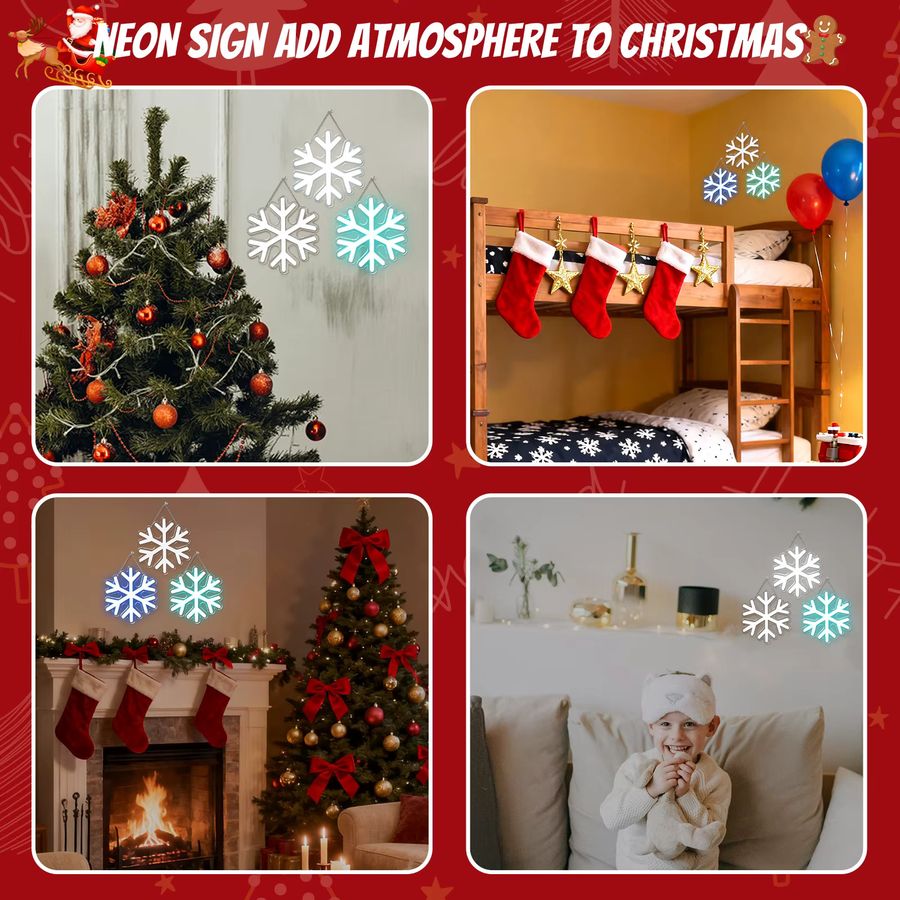 Wanxing 3er Set LED Schneeflocke Neon Zeichen mit USB-Anschluss zur Wanddekoration für Weihnachten und Party - Bild 5