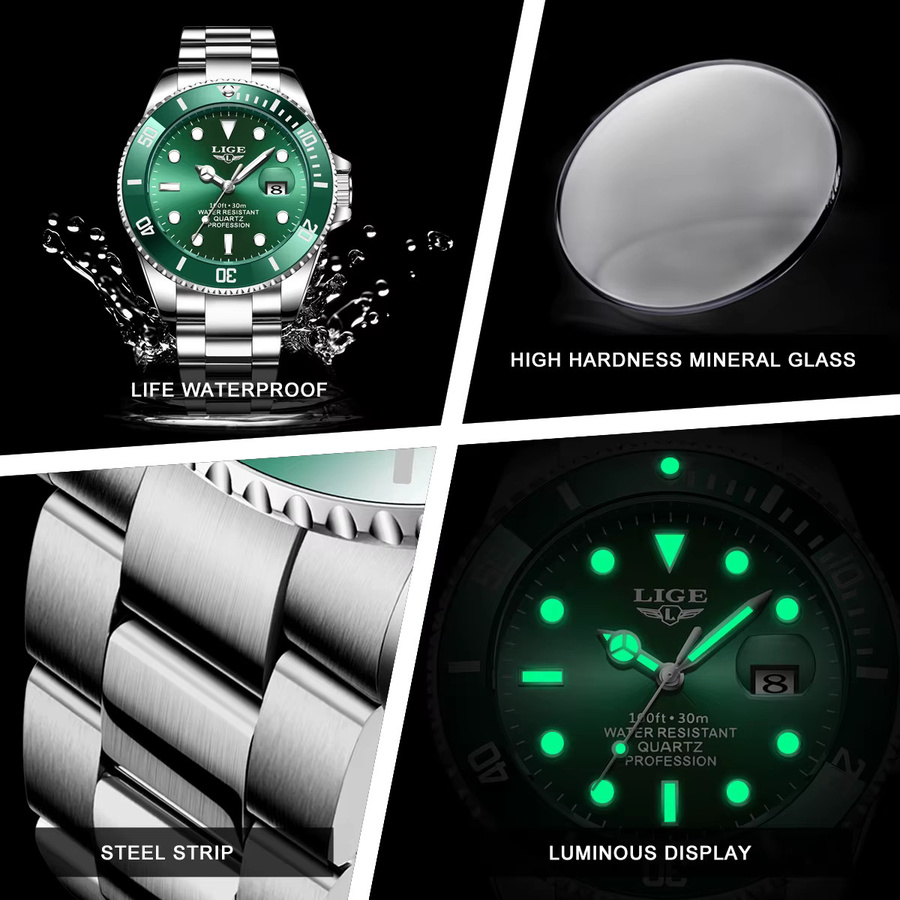 LIGE Armbanduhr Quarz, Edelstahl, Grün, Herren - Bild 6