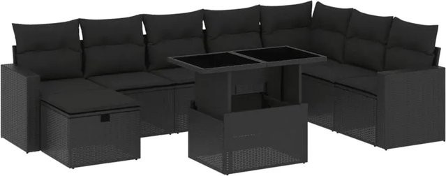 vidaXL 9-tlg. Garten-Sofagarnitur aus Poly-Rattan mit Kissen in Schwarz - Bild 1