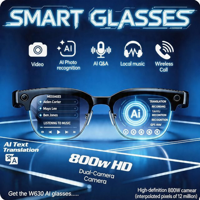 GUHUAVMI AI Smart-Brille mit 4K HD-Kamera, 1080P Videoaufnahme, Übersetzungsfunktion und Anruffunktion, wasserdicht, Schwarz - Bild 1