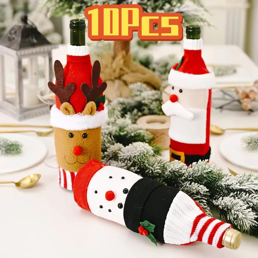 10er Set gestrickte Weinflaschen-Abdeckungen mit Santa und Schneemann in Rot für deine Weihnachtsdekoration - Bild 3