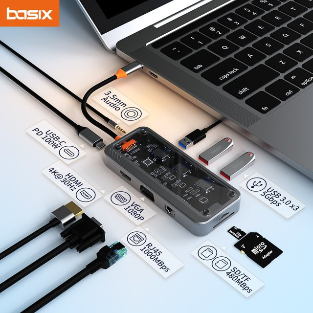 Basix USB-C Hub Dockingstation in Grau mit HDMI 4K UHD, RJ45 Ethernet und PD 100W für MacBook, iPad und Smartphone - Bild 1