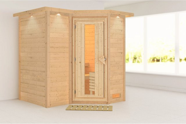Karibu Massivholzsauna SAHIB 1 in Braun mit Dachkranz und Energiespartür, B/T/H: 221 x 198 x 212 cm - Bild 1