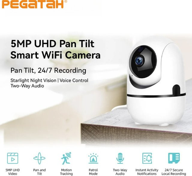 PEGATAH 2K Smart Home Babyphone PTZ Kamera mit 360 Grad Rotation, KI-Erkennung, Nachtsicht und WLAN-Anbindung, Weiß - Bild 1