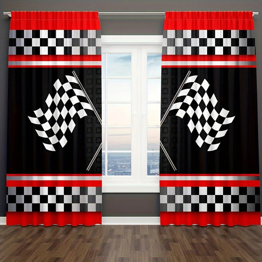 Set aus 2 Rennwagen-Flaggen-Vorhängen von Tonnika Chen, schwarz-weiß kariert, Polyester, B: 100 cm, H: 70 cm - Bild 4