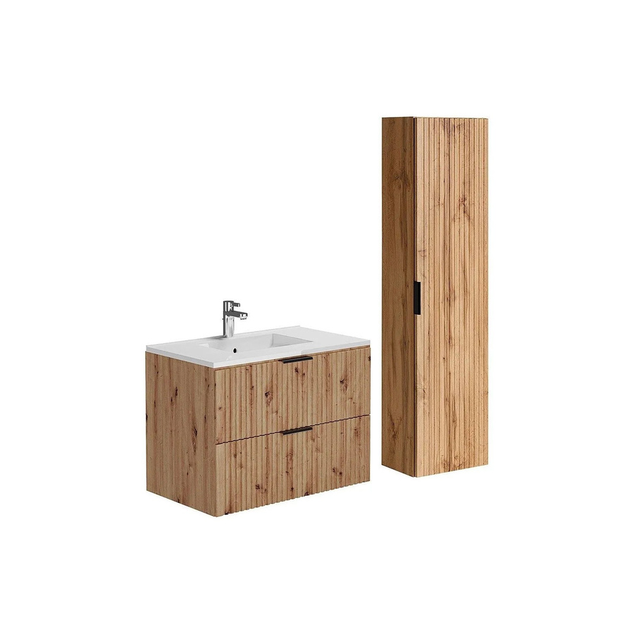 Vente-unique Badmöbel-Set Zevara in Naturfarben Hell mit Waschbeckenunterschrank, Einbauwaschbecken und Badhochschrank in Streifenoptik, Breite: 80 cm - Bild 2