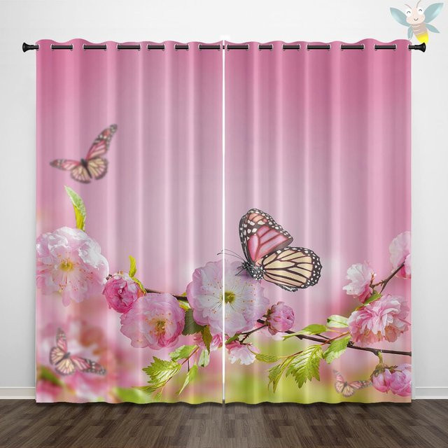 2er-Set halbtransparente Vorhänge mit Schmetterlings- und Blumenmuster in Grau und Pink, B: 140 cm, H: 160 cm - Bild 1
