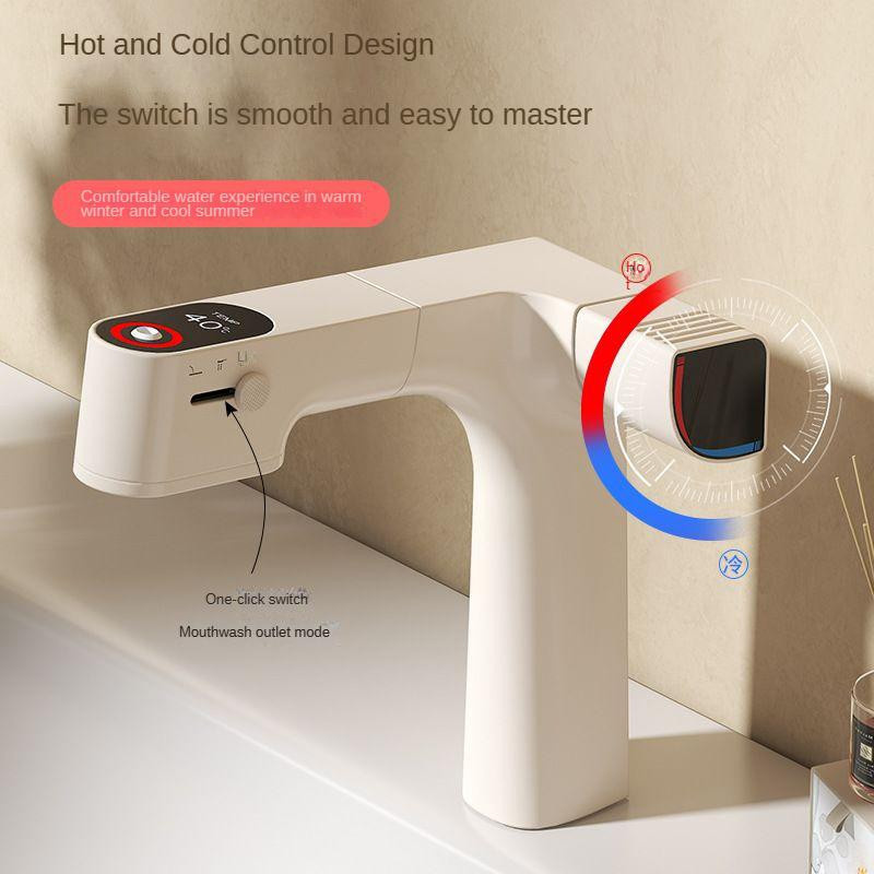 Yiran Furniture Waschtischmischer mit herausziehbarer Brause und LED-Temperaturanzeige aus Messing in Weiß - Bild 2