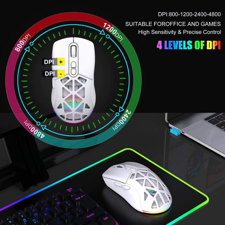 HXSJ Kabellose Gaming-Maus in Weiß mit Tri-Mode Verbindung, ergonomische Bluetooth und USB-C wiederaufladbare leise Maus für PC und Laptop - Bild 3