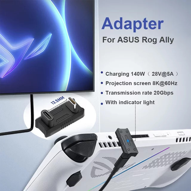 USB-C auf USB-C Adapter mit 180 Grad Winkel, männlich zu weiblich, schwarz, kompatibel mit Asus ROG Ally, unterstützt PD 140W und 8K @ 60Hz - Bild 1