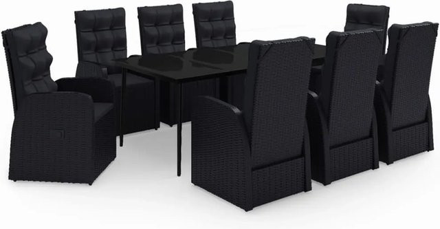 vidaXL 9-teilige Garten-Essgruppe aus PE-Rattan und pulverbeschichtetem Stahl in Schwarz mit Glasplatte und Kissen - Bild 1