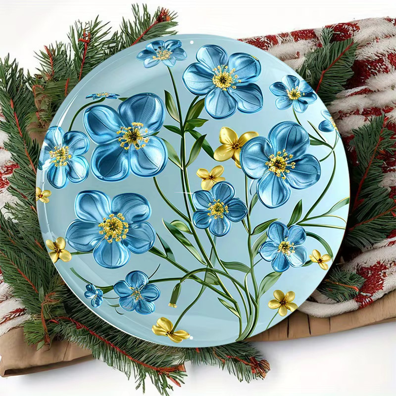 Rundes Aluminium-Metallschild Potdemiel mit blauen Vergissmeinnicht und gelbem Wellen-Design, Durchmesser: 20,32 cm - Bild 3