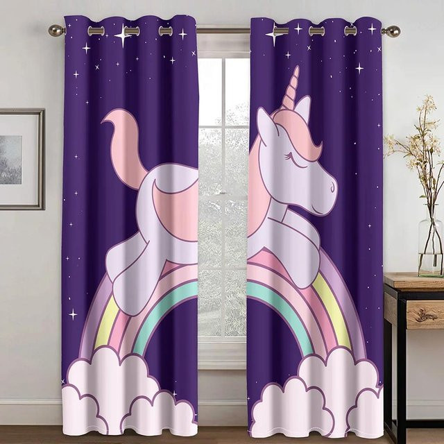 Einhorn Blackout Vorhänge mit Grafikdesign in Schwarz und Lila, thermoisolierend, B: 55 cm, H: 120 cm - Bild 1