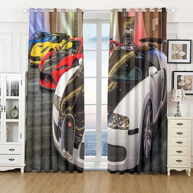 A Family Of Home Textiles 3D-Vorhang mit schwarzem Sportwagen Motiv, 2 Paneele, semi-transparent, Farbe: Schwarz und Mehrfarbig, Breite: 140 cm, Höhe: 160 cm - Bild 1