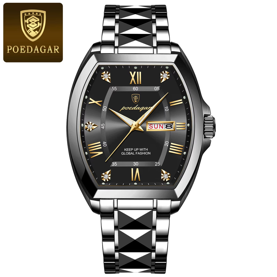 POEDAGAR Armbanduhr Tonneau, Quarz, Edelstahl, Schwarz, Silber, Herren - Bild 7