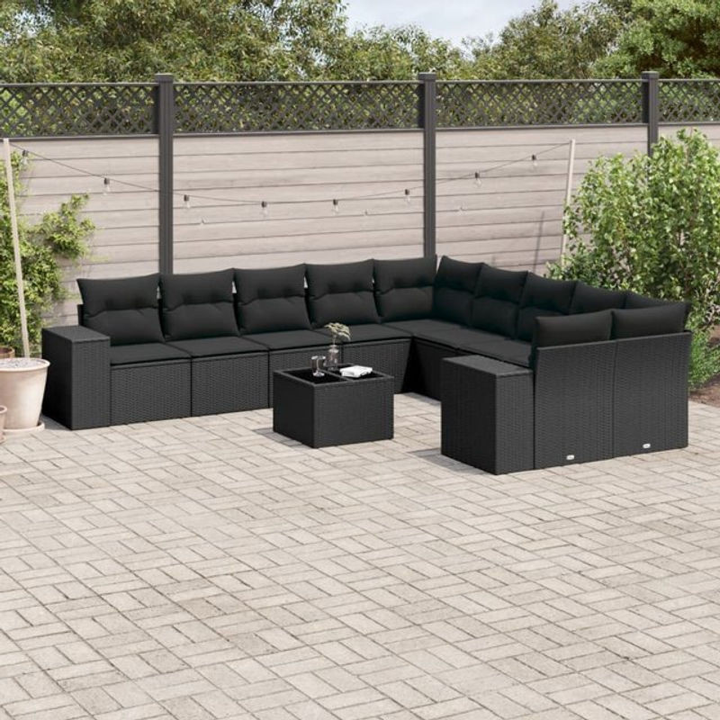Vidaxl Garten-Sitzgruppe aus schwarzem Rattan mit Kissen und Glastisch für Erwachsene im modernen Design - Bild 1