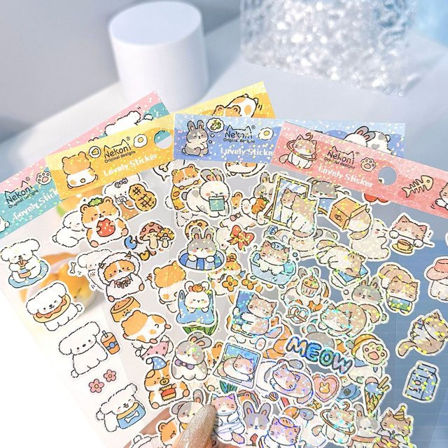 NEKONI Laser Aufkleber mit niedlichen Tier-Motiven wie Welpen und Hamstern in Multicolour für Scrapbooking und DIY Journaling - Bild 1