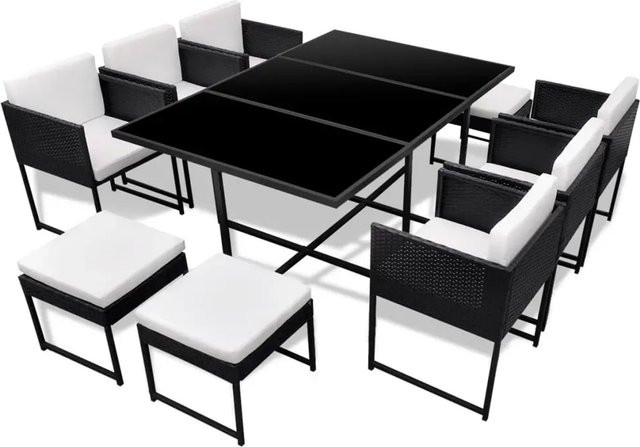 vidaXL 11-teilige Garten-Essgruppe aus Poly Rattan mit Auflagen in Schwarz - Bild 1