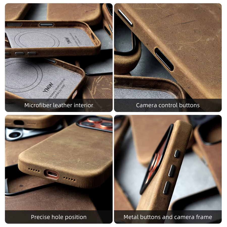 YMW Scars Echtledertasche aus Crazy Horse Rindsleder für iPhone 17 16 15 Pro Max in Braun mit Magnetfunktion - Bild 2