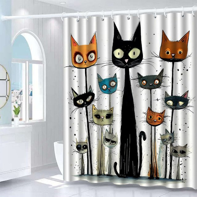 ZZN Duschvorhang mit Katzen-Motiv aus Polyester, Schwarz/Mehrfarbig, Höhe: 180 cm, Breite: 180 cm - Bild 1