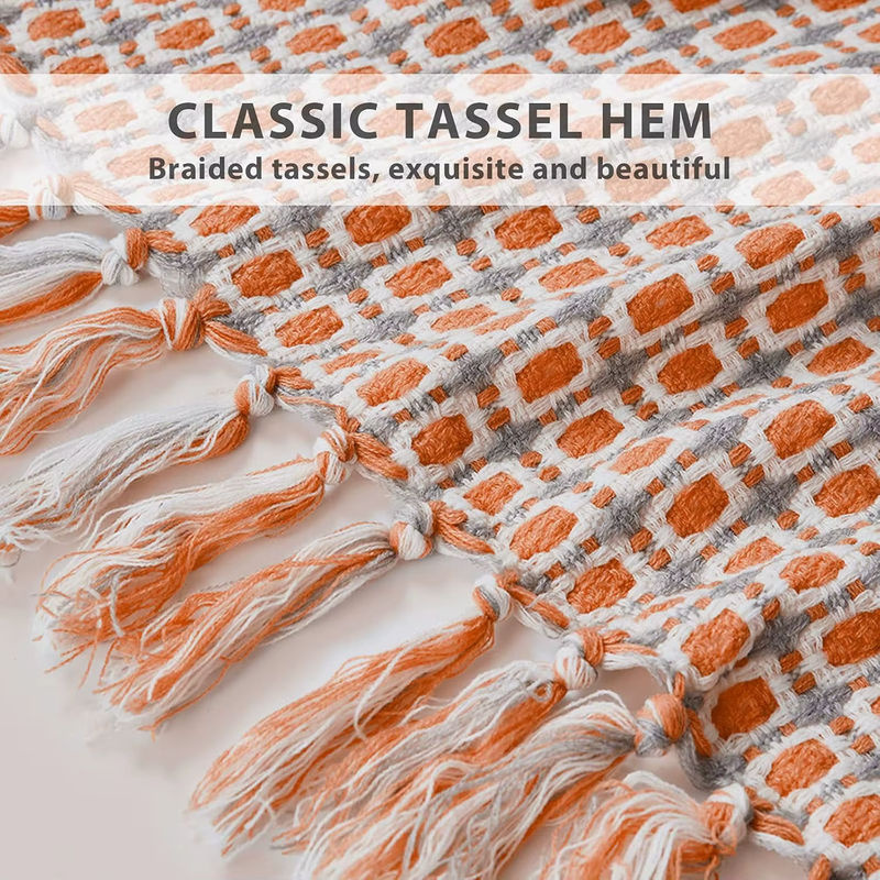 Inyahome Klassische Hahnentritt Plaid Decke mit Quasten, Gestrickte Kuscheldecke in Grau und Orange - Bild 3
