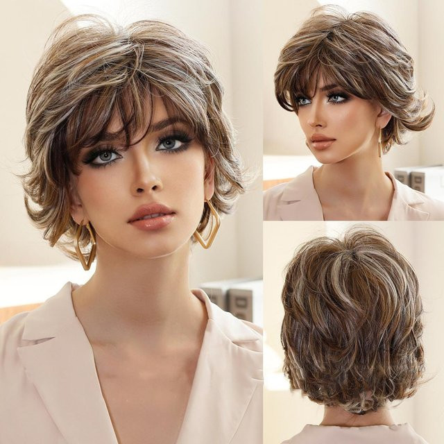 WIGS HOME Perücke, Pixie-Schnitt, kurz, lockig, weiß/dunkelbraun, Unisex - Bild 1