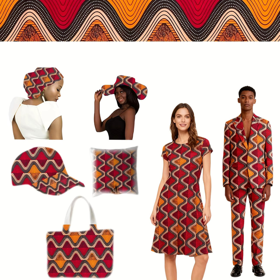 WENYUYA Ankara Afrikanischer Batikstoff aus Polyester mit rot-gelbem geometrischem Wellenmuster, 6 Yards - Bild 5