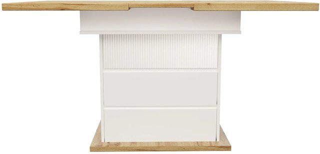 okwish Esstisch aus Metall und MDF, klappbarer und ausziehbarer Küchentisch mit 3 Ablageebenen für 4-6 Personen, Farbe: Weiß, B/T: 140 x 80 cm - Bild 1