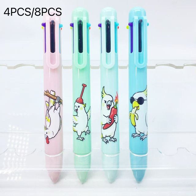 Mehrfarbiges Kugelschreiber Set mit Sonnenblumen und Papagei Motiven für Schüler und Studenten, 6 Farben in einem Stift, Multicolor - Bild 1