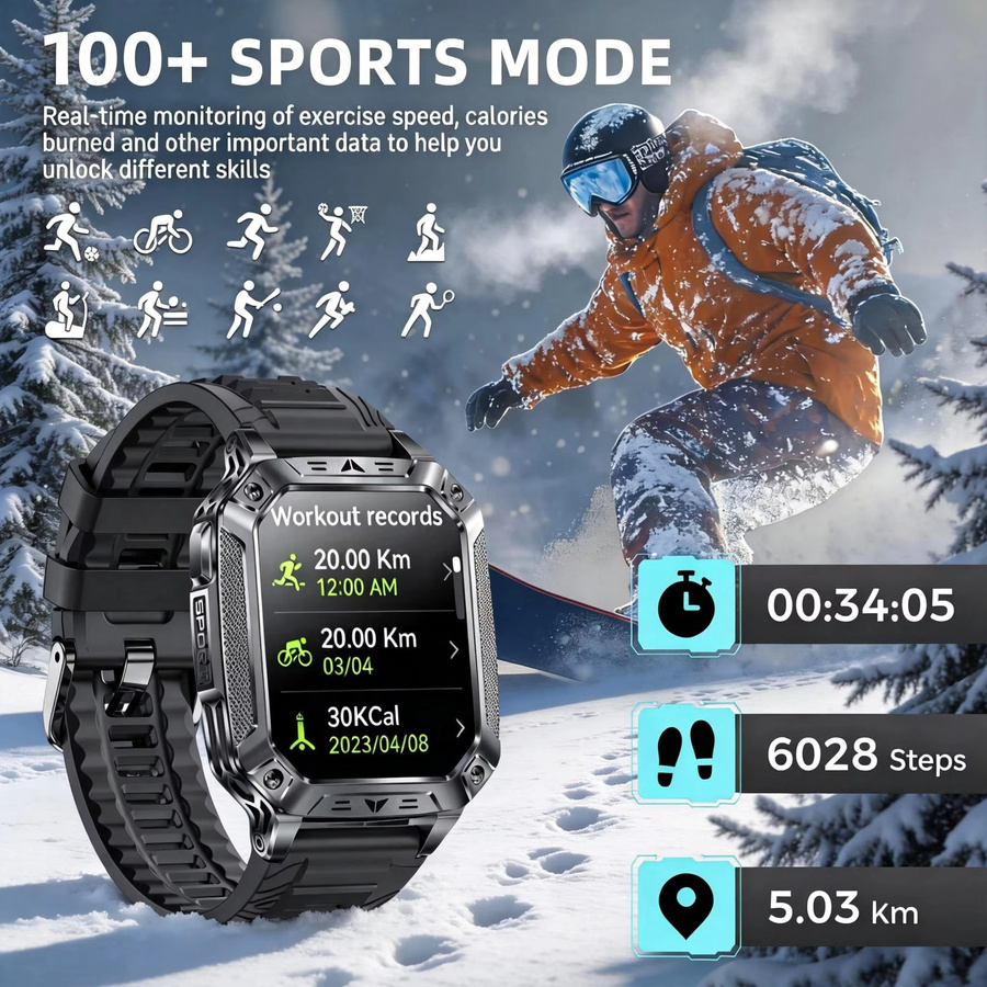 GUHUAVMI Militär Outdoor Smartwatch für Männer mit 2,01 Zoll HD AMOLED Display, Wasserdicht, Anruffunktion, Herzfrequenzmessung und Taschenlampe, 1400 mAh Akku - Bild 3