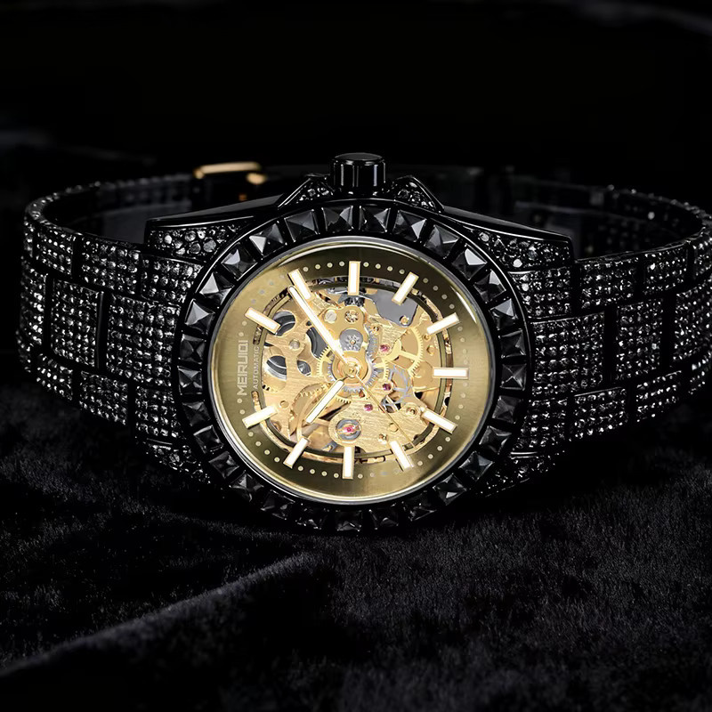 Herren Armbanduhr Automatik, Edelstahl, Gold, Zirkonia, Blau, Rund - Bild 4