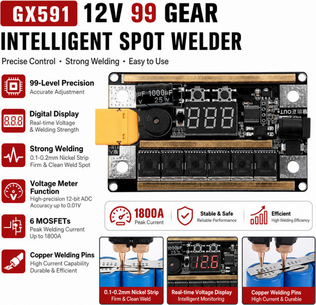 ANENG GX591 Intelligenter CNC-Punktschweißer 12V mit 99 Einstellungen, Tragbares DIY-Kit für 18650 Lithium-Ionen-Batterien - Bild 1