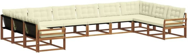 vidaXL Outdoor-Sofagarnitur 10-teilig in U-Form aus massivem Akazienholz mit Textilene und Kissen in Natur und Creme - Bild 1