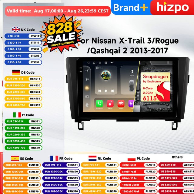 Hizpo Android Auto Multimediaplayer mit Snapdragon Prozessor und GPS für Nissan X-Trail T32 und Qashqai J11 in Schwarz - Bild 1