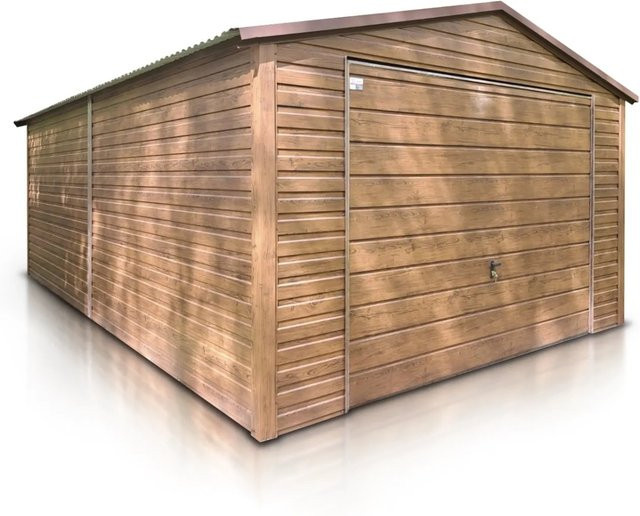 Liderstal Einzelgarage Standard aus Blech mit Satteldach und Schwingtor in Holzoptik Goldene Eiche, B/T/H: 400 x 600 x 260 cm - Bild 1
