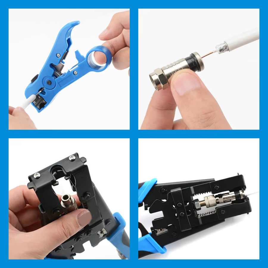 Kompressionszangen-Set für F/BNC/RCA-Stecker RG-58/59/62/6 (3C/4C/5C) mit Kabelabisolierer-Kit für CCTV-Kamera-Installationen in Blau - Bild 4