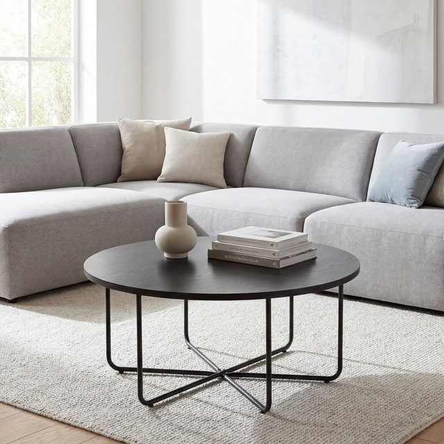 Modern runder Couchtisch Finebuy in Schwarz mit Eichenoptik, Durchmesser: 80 cm - Bild 1