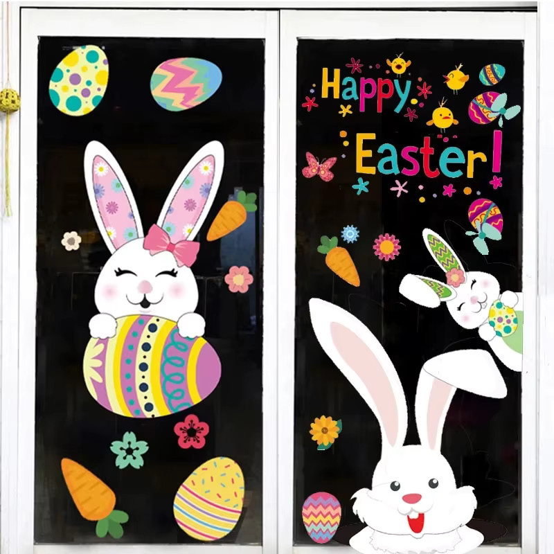 WEIGAO Fensteraufkleber Frohe Ostern mit Hasen, Eiern und Karotten, elektrostatische Osterdekoration für dein Zuhause, mehrfarbig - Bild 2